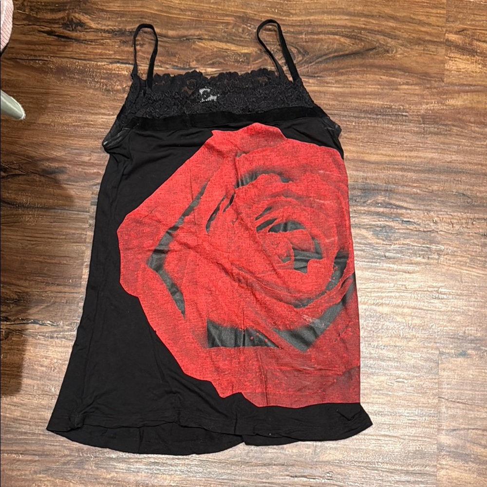 Black and Red Rose Lace Trim Cami Top
